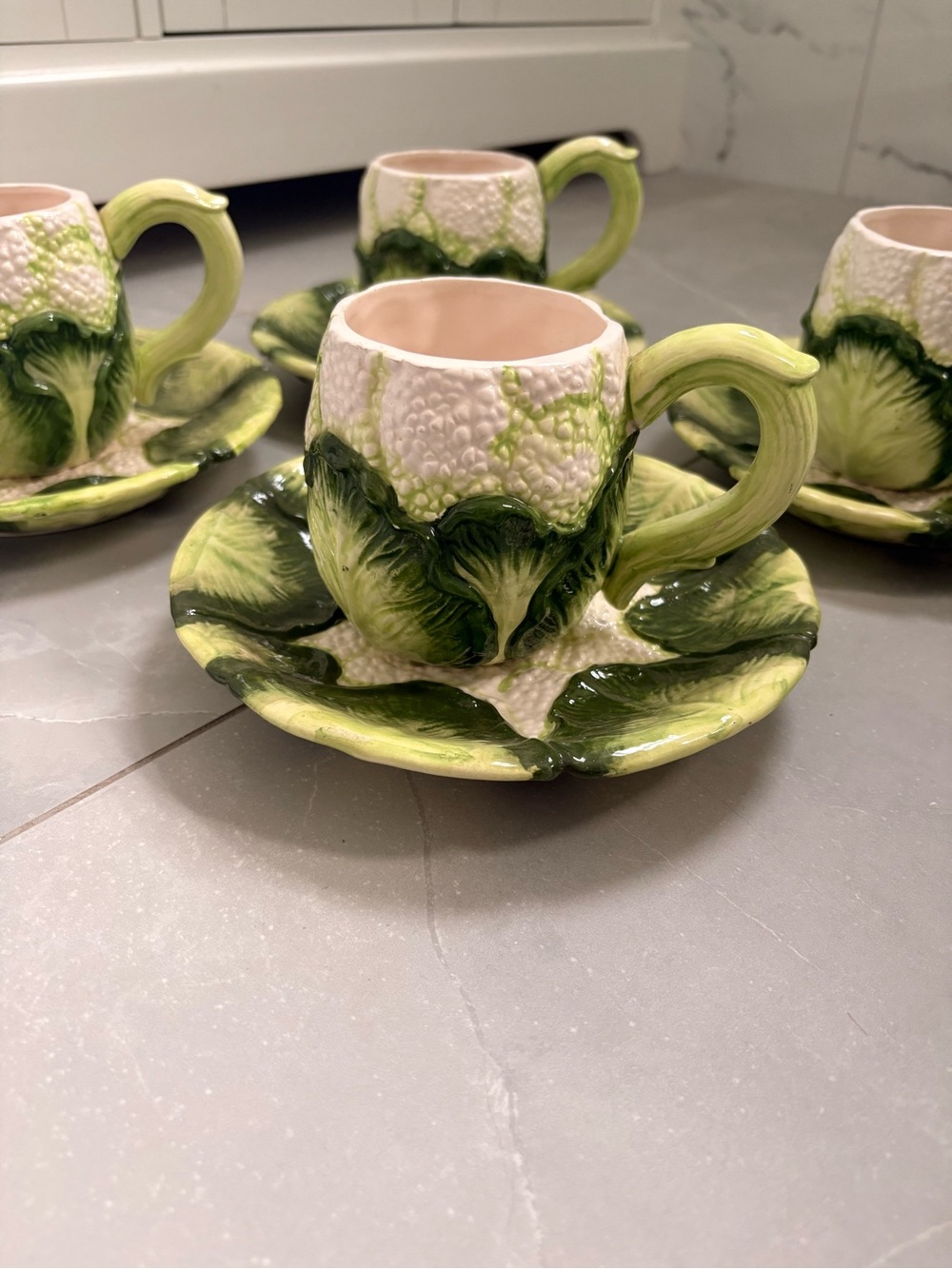 Vintage Cauliflower Cup & Saucer Set 4 Hand Painted Taiwan 1982 Majolica Style